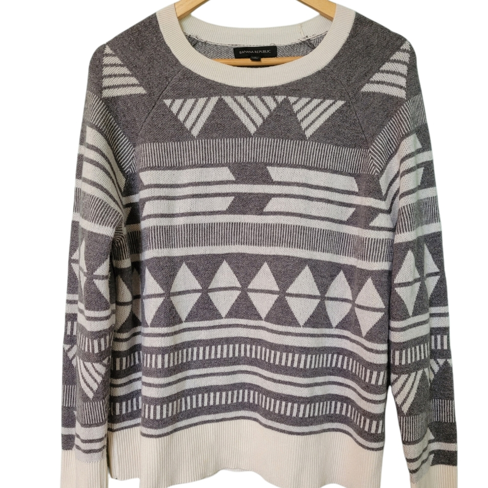 BANANA REPUBLIC NORDIC Fair Isle Wool Blend Gray/White Sweater size Large